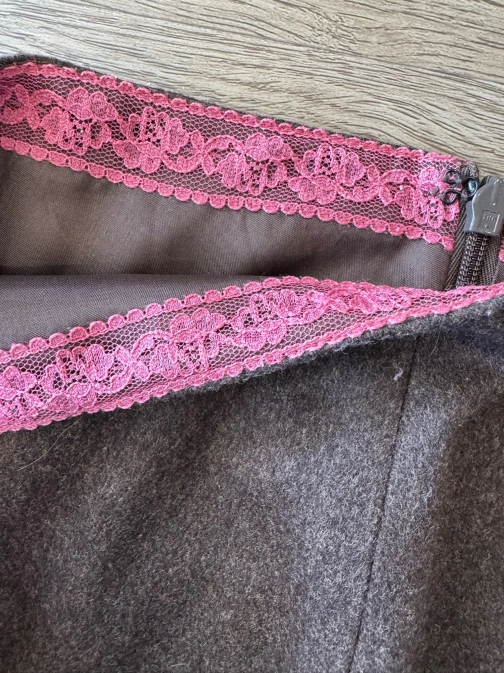 Express Brown A-Line KneeY2K Cottagecore Wool Blend Pink Sequin Lace Hem Skirt 6